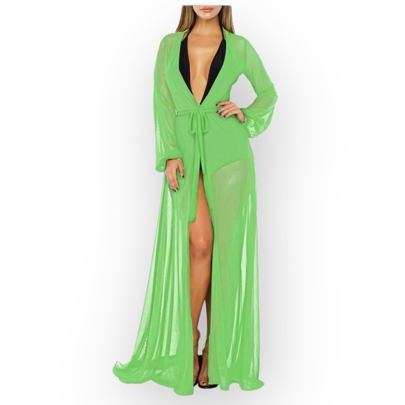 Kelly Green Sheer Mesh Maxi Loungewear Tie Front Robe Size X-La…BALLETCORE - Picture 1 of 9
